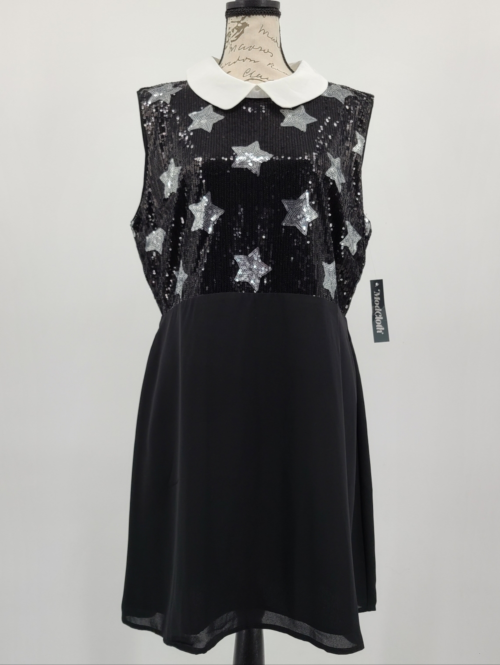Modcloth Black Sequin Star A Line Dress with White Collar Size 16